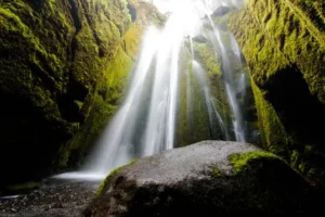 Sunlit water streams inside Gljúfrabúi waterfall cave, cascading over mossy cliffs onto a boulder.