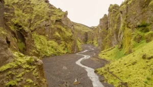 Winding stream through moss-covered cliffs in Stakkholtsgjá Canyon, Iceland.