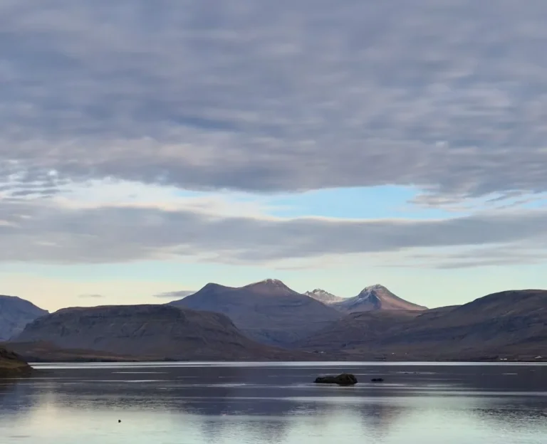 Calm Icelandic fjord reflecting distant mountains beneath a wide, cloudy sky.