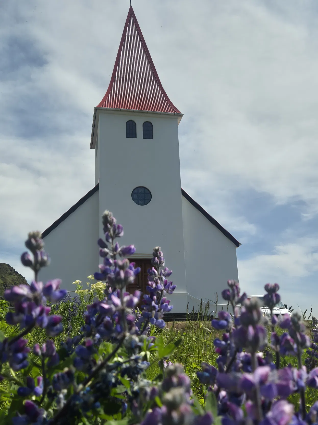 A white Icelandic church with a tall red-roofed steeple rises above a field of purple lupines.